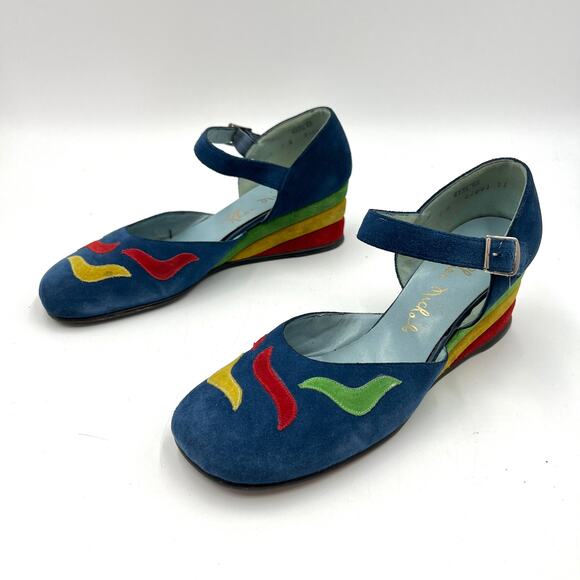 Vintage Rhea Nichols Suede Wedges Mary Jane Shoes Blue Rainbow Memphis - Picture 2 of 12